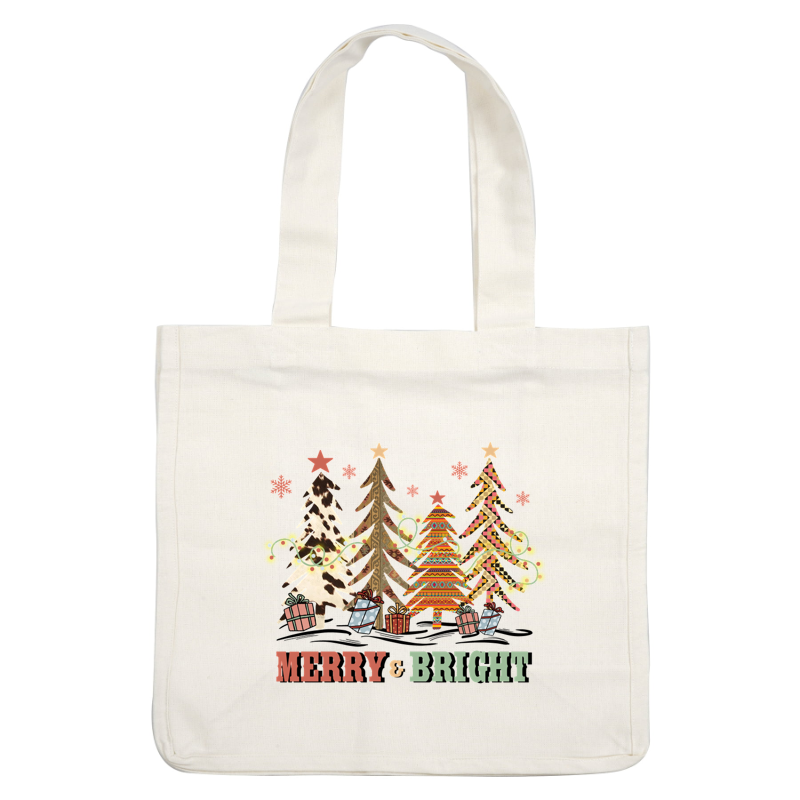 A festive illustration featuring colorful Christmas trees, gifts, and the cheerful phrase "Merry & Bright" surrounded by decorative elements. heat press transfers