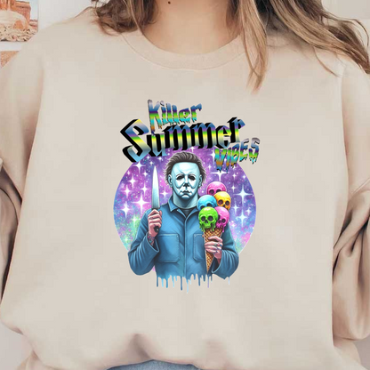 A vibrant graphic featuring a masked character holding an ice cream cone with colorful skulls, captioned "Killer Summer Vibes." dtf transfers