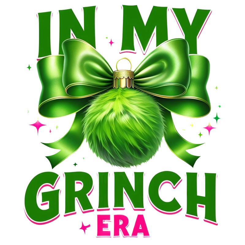 Celebrate the festive spirit with this vibrant "In My Grinch Era" graphic, featuring a fluffy green ornament and a stylish bow!DTF Transfers