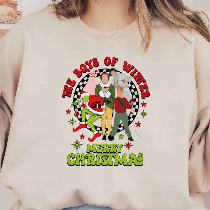 A fun holiday-themed design featuring characters in festive attire, surrounded by the phrase "The Boys of Winter" and "Merry Christmas."DTF Transfers dtf transfersdtf regular iron