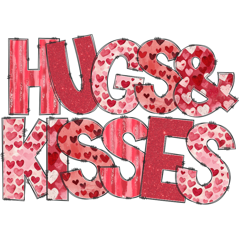 A playful and vibrant graphic featuring the words "Hugs & Kisses" adorned with a variety of hearts in shades of red.DTF Transfers