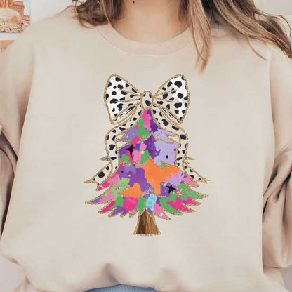 A colorful, abstract Christmas tree design adorned with a stylish black and white polka dot bow on top.DTF Transfers heat press transfers heat press transfers