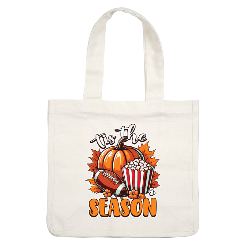 Celebrate the autumn vibe with this vibrant illustration featuring a pumpkin, a football, popcorn, and colorful leaves!dtf regular iron