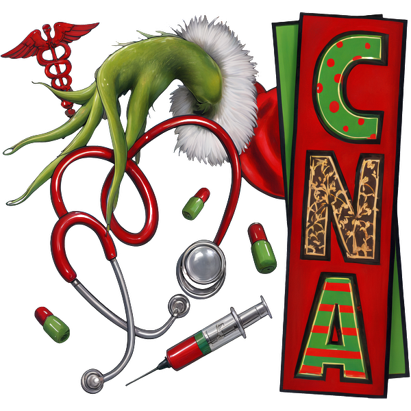 A whimsical illustration featuring a green hand with a Santa hat, stethoscope, syringes, and holiday-themed letters spelling "C N A."DTF Transfers dtf prints