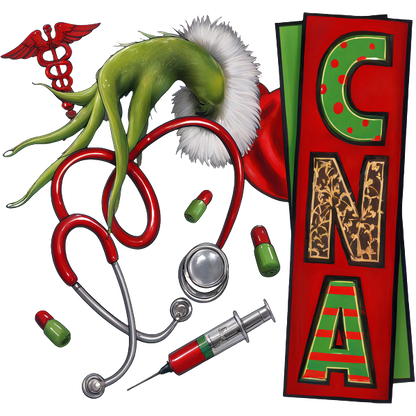 A whimsical illustration featuring a green hand with a Santa hat, stethoscope, syringes, and holiday-themed letters spelling "C N A."DTF Transfers dtf prints