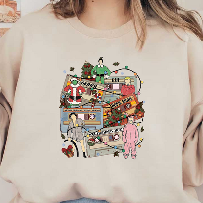 Celebrate the holiday spirit with this colorful illustration featuring iconic characters from classic Christmas movies surrounded by festive decorations!DTF Transfers dtf prints