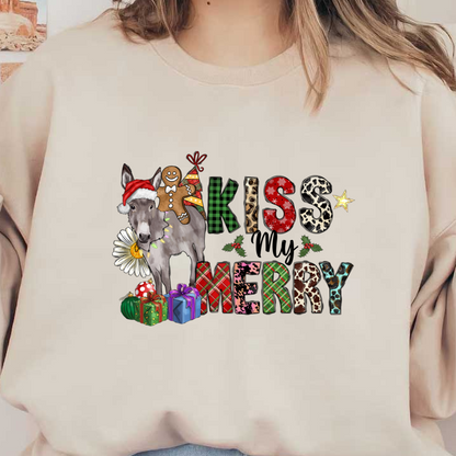 A festive illustration featuring a donkey in a Santa hat and colorful text that reads "KISS MERRY," decorated with gifts.DTF Transfers heat press transfers