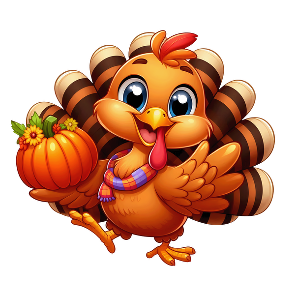 A cheerful cartoon turkey with big eyes, wearing a scarf, holding a small pumpkin, perfect for celebrating Thanksgiving! dtf transfers