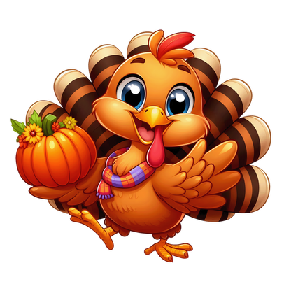 A cheerful cartoon turkey with big eyes, wearing a scarf, holding a small pumpkin, perfect for celebrating Thanksgiving! dtf transfers