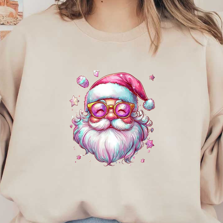 This whimsical illustration features a pink and white Santa hat surrounded by colorful, playful stars and hearts, adding a festive charm.DTF Transfers