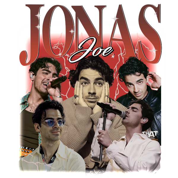 A vibrant collage featuring Joe Jonas in various styles, showcasing his charisma and talent with a bold “JONAS” theme.DTF Transfers dtf prints