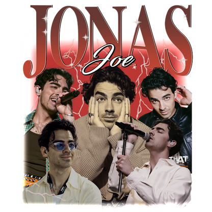 A vibrant collage featuring Joe Jonas in various styles, showcasing his charisma and talent with a bold “JONAS” theme.DTF Transfers dtf prints