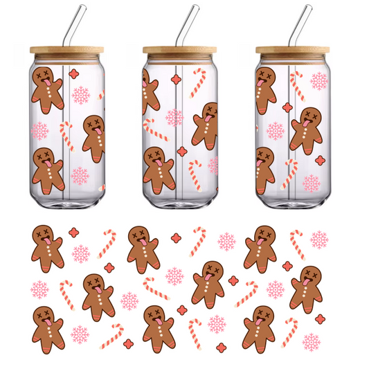 A playful holiday pattern featuring cute gingerbread men, candy canes, and pink snowflakes against a black background.UV Transfers dtf prints