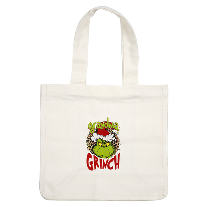 Gráfico festivo y divertido de "Grandma Grinch" que presenta a un Grinch travieso con un gorro de Papá Noel sobre un fondo con estampado de leopardo. Transferencias DTF