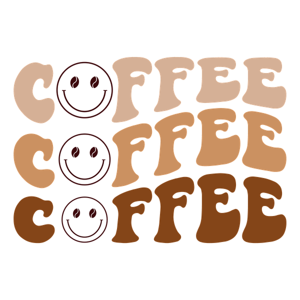 Un diseño divertido y alegre con temática de café que presenta la palabra "CAFÉ" en fuentes divertidas con caritas sonrientes felices.