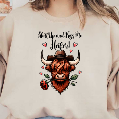 Una encantadora vaca de dibujos animados de las Highlands con un sombrero de vaquero, sosteniendo una rosa y rodeada de corazones caprichosos.