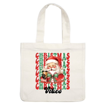 Festive Santa holding a coffee cup spreads joy with "Merry & Bright Christmas Vibes" in vibrant colors. dtf prints