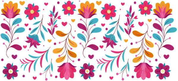 A vibrant floral pattern featuring colorful flowers, leaves, and hearts, perfect for adding a cheerful touch to any design.UV Transfers heat press transfers