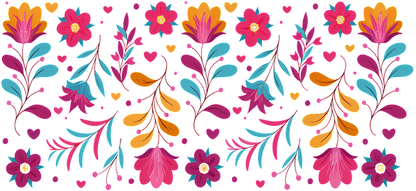 A vibrant floral pattern featuring colorful flowers, leaves, and hearts, perfect for adding a cheerful touch to any design.UV Transfers heat press transfers