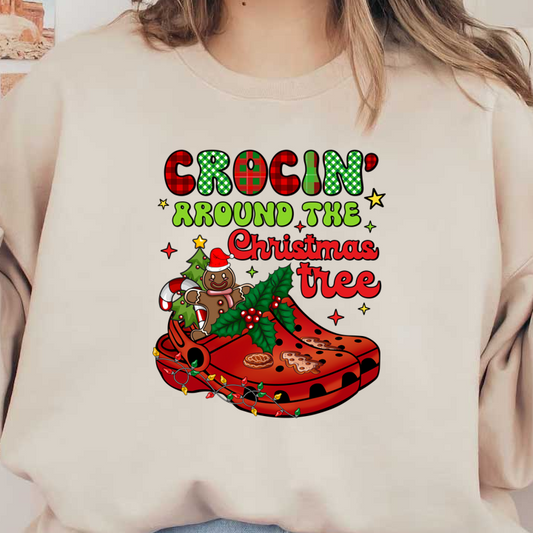 Celebrate the holidays in style with this fun festive design featuring whimsical Crocs, a gingerbread man, and cheerful Christmas decorations. heat press transfers