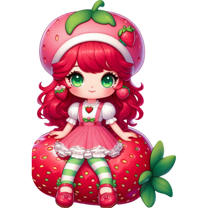 This adorable strawberry-themed character features vibrant red hair, a strawberry cap, and a pink dress with striped leggings.DTF Transfers