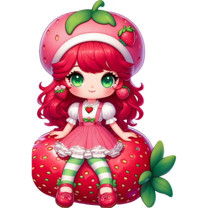 This adorable strawberry-themed character features vibrant red hair, a strawberry cap, and a pink dress with striped leggings.DTF Transfers