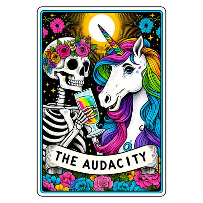 A colorful illustration featuring a skeleton with flowers and a unicorn, both holding drinks, titled "THE AUDACITY." dtf prints