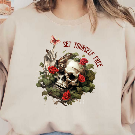 Un diseño llamativo que presenta una calavera rodeada de rosas, enredaderas y mariposas, con el texto "Set Yourself Free" (Libérate).
