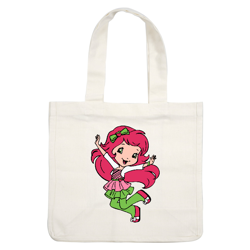 This cheerful character features vibrant pink hair, a playful outfit with a green and pink theme, and a cute strawberry bow!DTF Transfers