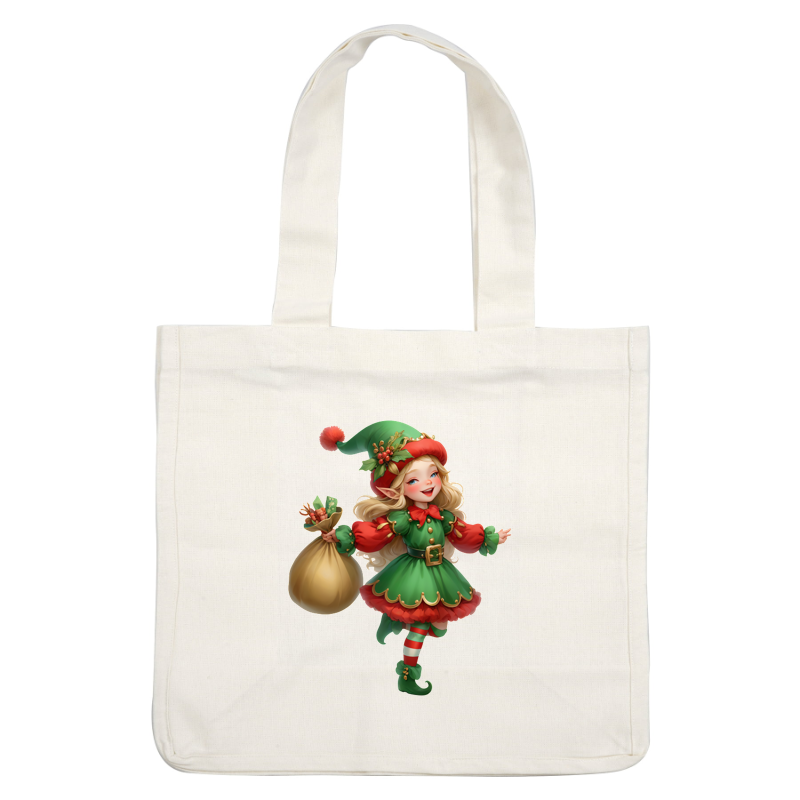 A cheerful elf girl in a vibrant green and red outfit, joyfully carrying a sack filled with festive goodies.DTF Transfers dtf prints