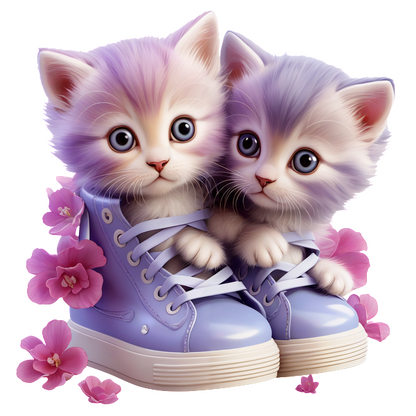 Dos adorables gatitos con pelaje violeta se asoman juguetonamente desde el interior de unas elegantes zapatillas lavanda, rodeados de flores rosas.