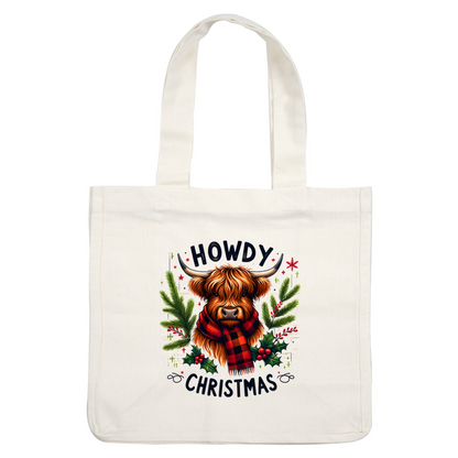 A cheerful illustration of a Highland cow wearing a red and black scarf, surrounded by festive greenery and holiday cheer. dtf prints