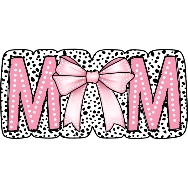 A vibrant and playful "MOM" design featuring bold pink letters and a cute polka dot background with a stylish bow. heat press transfers