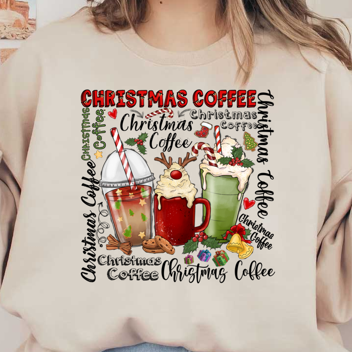 Enjoy the festive spirit with this vibrant illustration of Christmas-themed coffee drinks, complete with delightful toppings and cheerful decorations!DTF Transfers dtf transfers heat press transfers