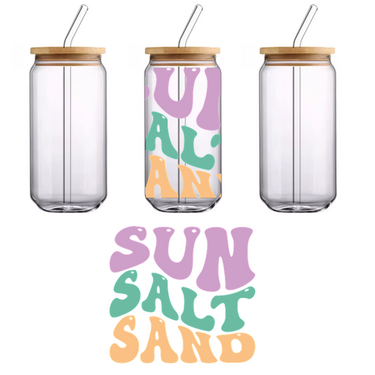 A vibrant, playful design featuring the words "Sun Salt Sand" in colorful, chunky letters, evoking a fun beach vibe.UV Transfers dtf transfers