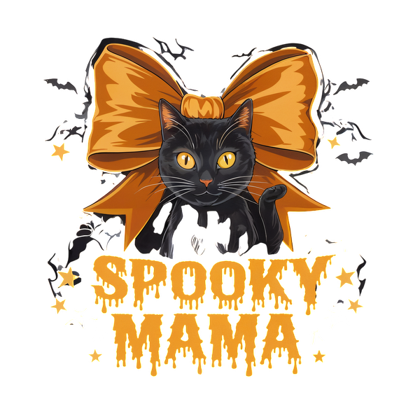 Un diseño divertido que presenta un gato negro con llamativos ojos amarillos, adornado con un gran lazo naranja y el texto "Spooky Mama".