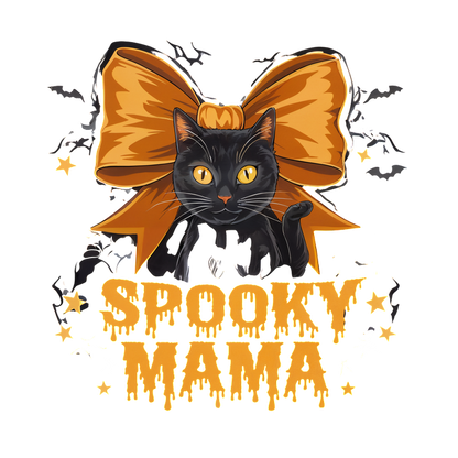 Un diseño divertido que presenta un gato negro con llamativos ojos amarillos, adornado con un gran lazo naranja y el texto "Spooky Mama".