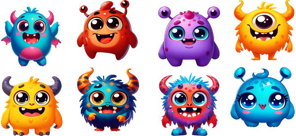 A vibrant collection of cute, cartoonish monsters in various colors and unique features, each with big smiles and playful designs.UV Transfersdtf regular iron