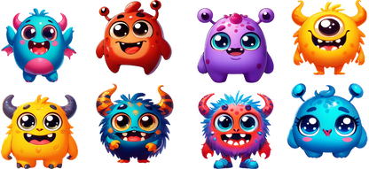 A vibrant collection of cute, cartoonish monsters in various colors and unique features, each with big smiles and playful designs.UV Transfersdtf regular iron