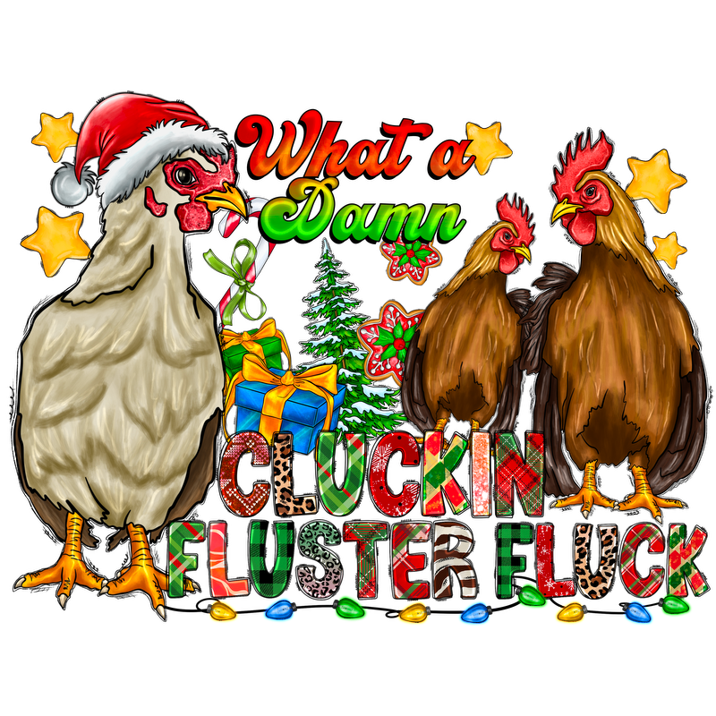 Celebrate the festive spirit with this fun, colorful graphic featuring chickens in Santa hats and vibrant holiday decorations!DTF Transfers dtf prints