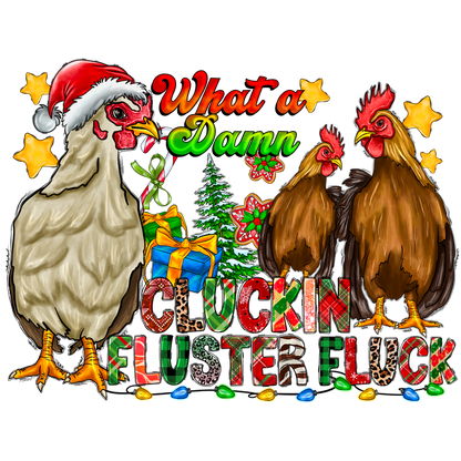 Celebrate the festive spirit with this fun, colorful graphic featuring chickens in Santa hats and vibrant holiday decorations!DTF Transfers dtf prints