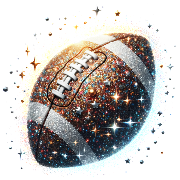 A sparkling, glittery football adorned with stars and colorful swirls, perfect for adding a touch of fun to your game!dtf regular iron