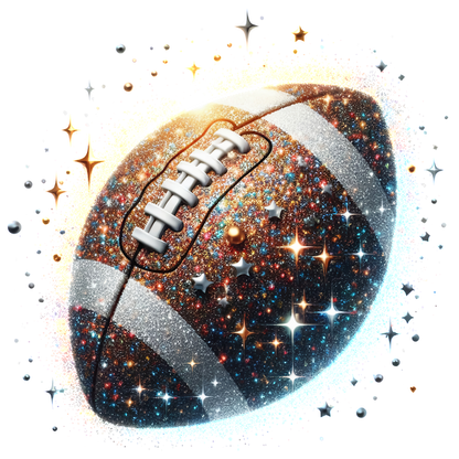 A sparkling, glittery football adorned with stars and colorful swirls, perfect for adding a touch of fun to your game!dtf regular iron