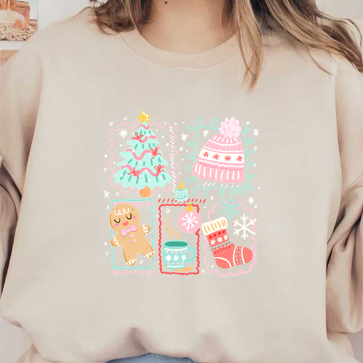 A cheerful holiday illustration featuring a Christmas tree, gingerbread, and cozy items.DTF Transfers