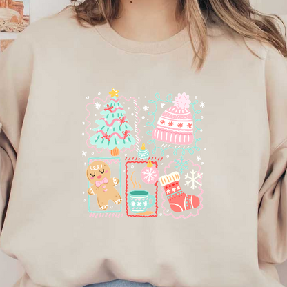 A cheerful holiday illustration featuring a Christmas tree, gingerbread, and cozy items.DTF Transfers
