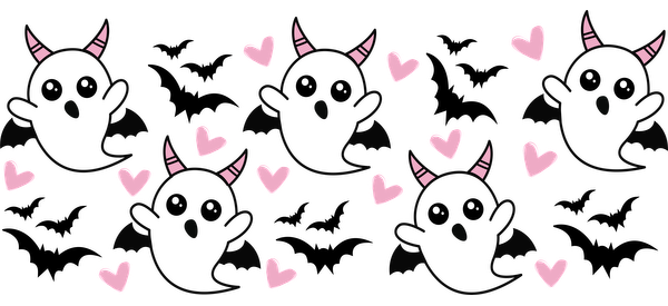 A playful design featuring cute black ghosts with pink horns and hearts, perfect for adding a whimsical touch!UV Transfers dtf transfers