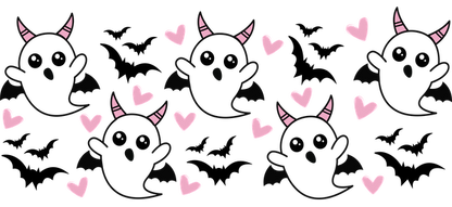 A playful design featuring cute black ghosts with pink horns and hearts, perfect for adding a whimsical touch!UV Transfers dtf transfers