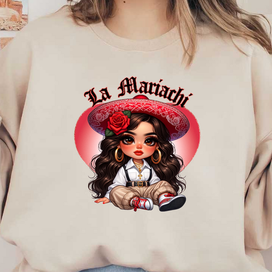 Un simpático personaje de dibujos animados con aspecto de mariachi, que viste un sombrero de ala ancha adornado con una rosa y un atuendo moderno.