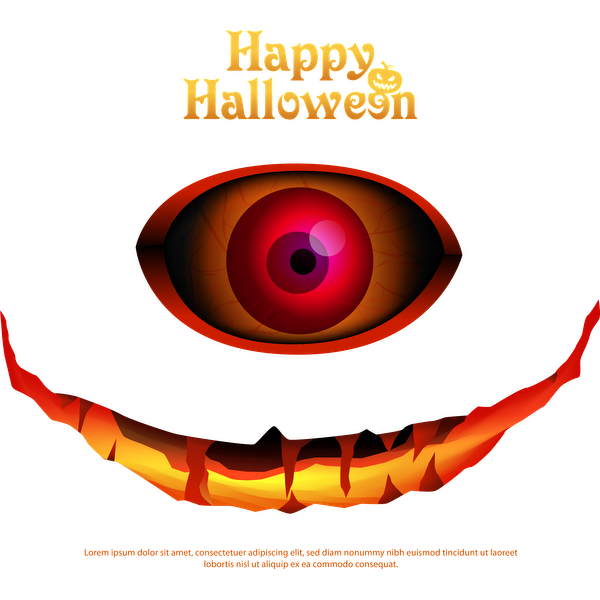 Un gráfico espeluznante con temática de Halloween que presenta un gran y siniestro ojo rojo sobre una sonrisa siniestra y dentada, con el texto "Feliz Halloween".