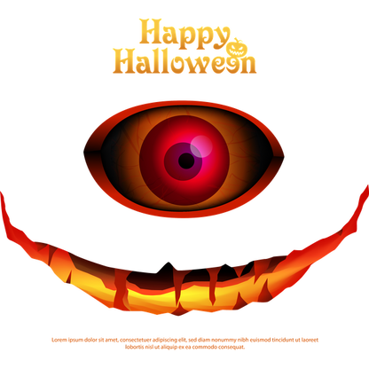 Un gráfico espeluznante con temática de Halloween que presenta un gran y siniestro ojo rojo sobre una sonrisa siniestra y dentada, con el texto "Feliz Halloween".